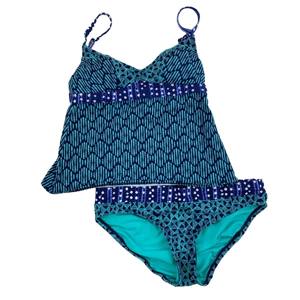Title Nine Teal and Navy Patterned Tankini Bikini Set